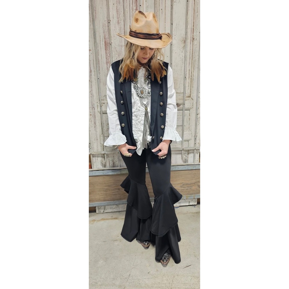 Black Double Flare Senorita Bells Pants Women's XL Western Boho Ruffle Pockets